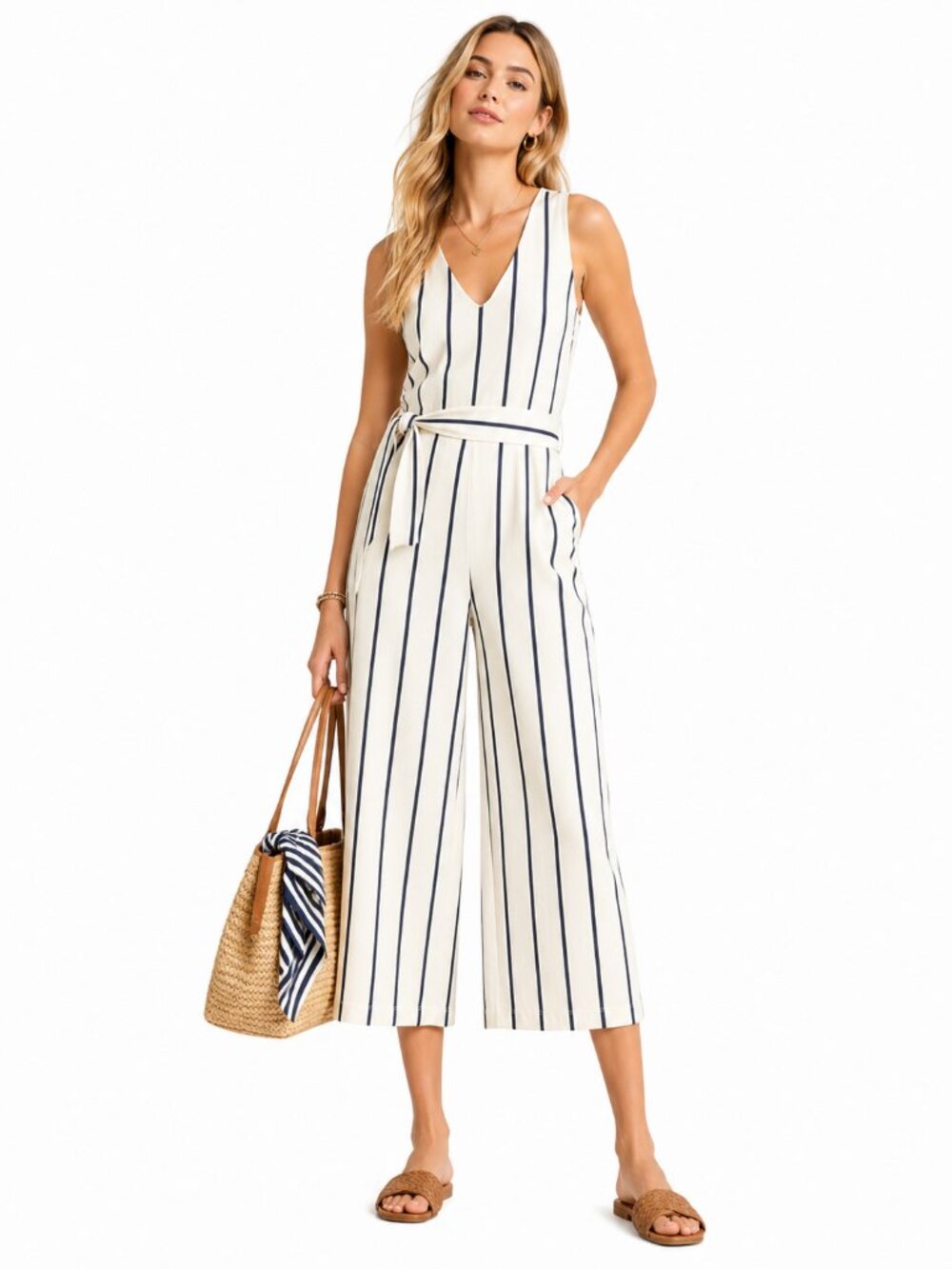 DREW Anthropologie White Navy Striped Belted Sleeveless Jumpsuit Medium